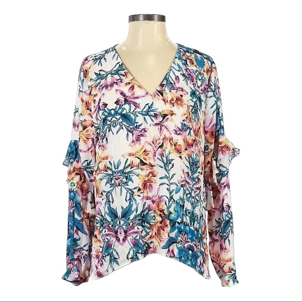 Nicole Miller New York Floral Tropical Ruffle Long Sleeve Blouse Size S NWT